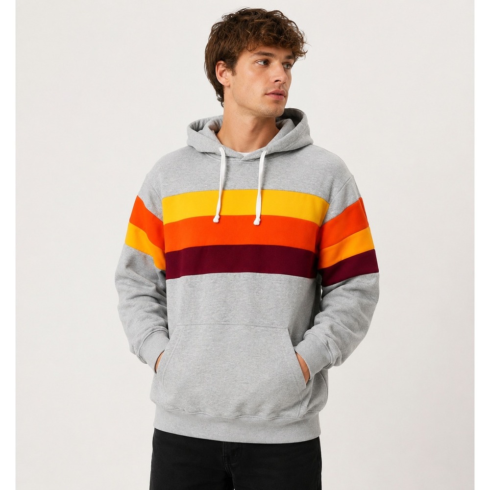 Super Massive Mens Hoodie Gray Retro Sunset Stripe‎ Color block Pullover Medium